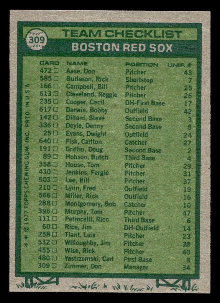1977 Topps #309 Don Zimmer MG Near Mint  ID: 516985