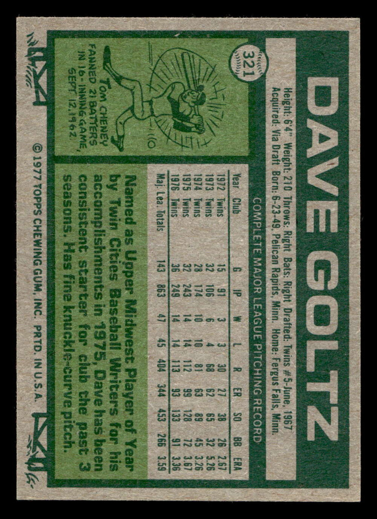 1977 Topps #321 Dave Goltz Near Mint  ID: 517033
