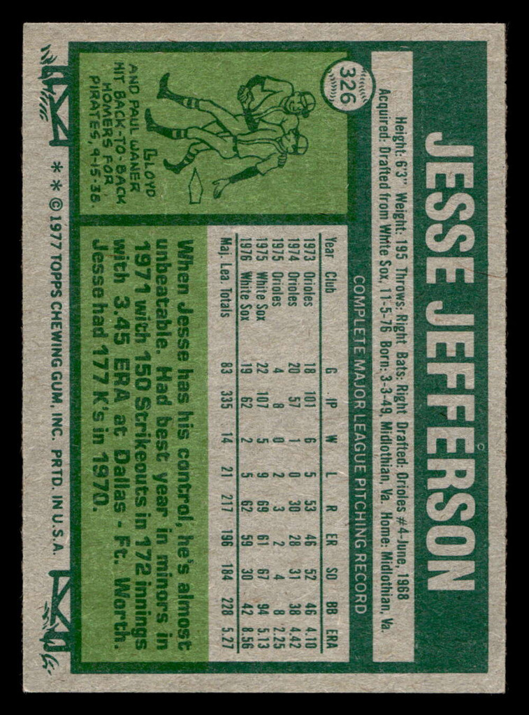 1977 Topps #326 Jesse Jefferson Ex-Mint 