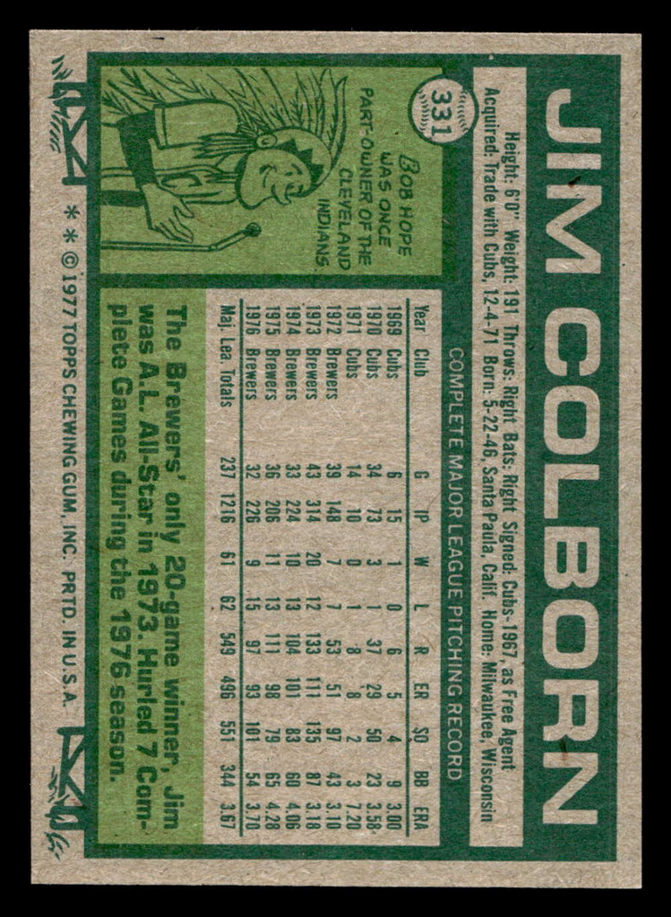 1977 Topps #331 Jim Colborn Near Mint+  ID: 517075