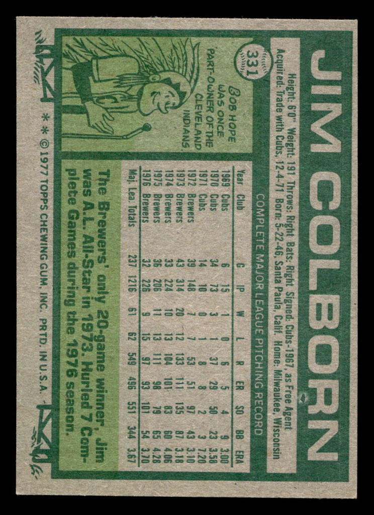 1977 Topps #331 Jim Colborn Near Mint  ID: 517076