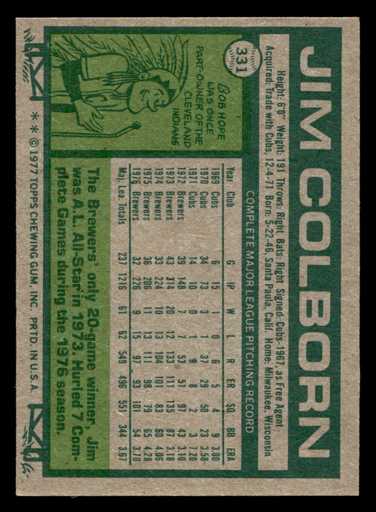 1977 Topps #331 Jim Colborn Near Mint  ID: 517077