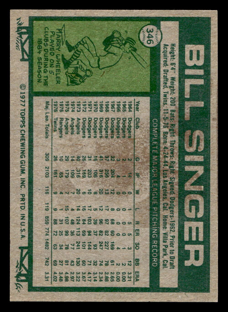 1977 Topps #346 Bill Singer Near Mint+  ID: 517137