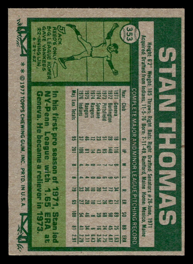 1977 Topps #353 Stan Thomas Ex-Mint 