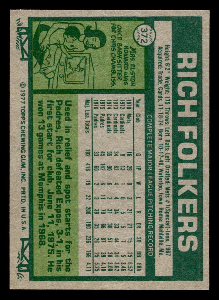 1977 Topps #372 Rich Folkers Near Mint  ID: 517282