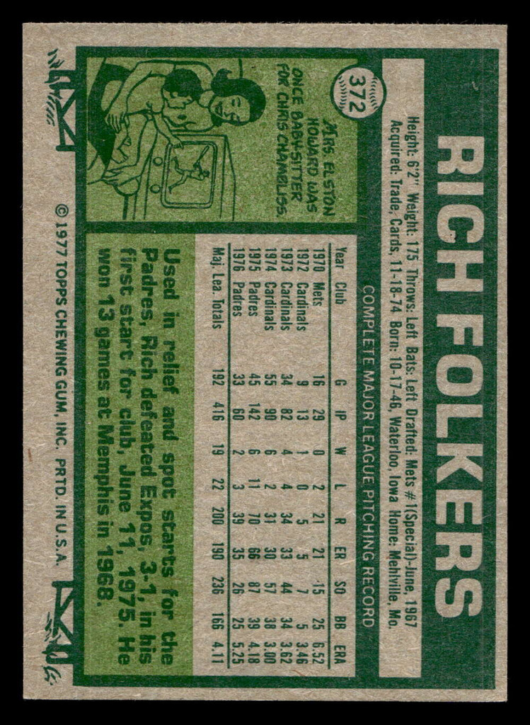 1977 Topps #372 Rich Folkers Near Mint  ID: 517283