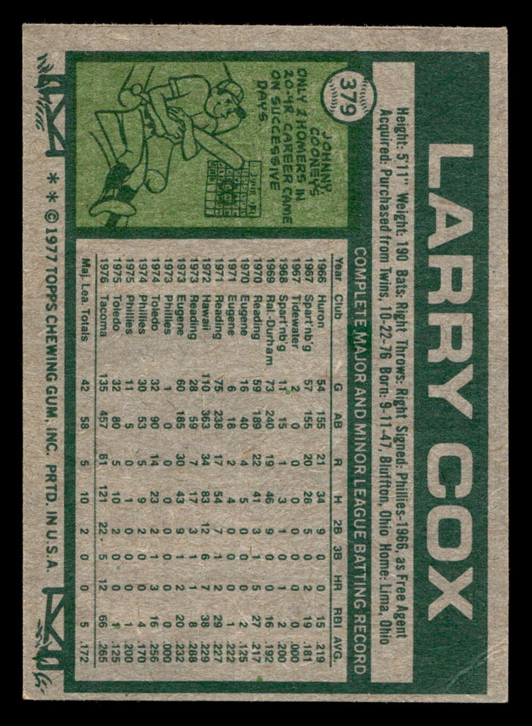 1977 Topps #379 Larry Cox Ex-Mint RC Rookie 