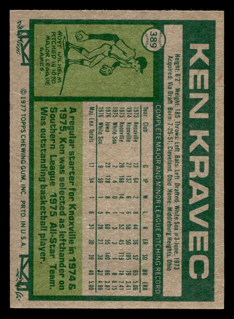 1977 Topps #389 Ken Kravec Ex-Mint RC Rookie  ID: 517351