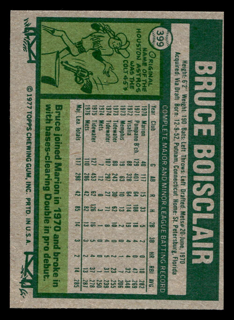 1977 Topps #399 Bruce Boisclair Near Mint+ RC Rookie  ID: 517389