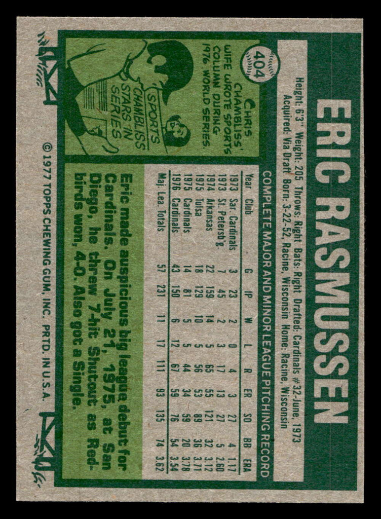 1977 Topps #404 Eric Rasmussen Near Mint+ RC Rookie  ID: 517409