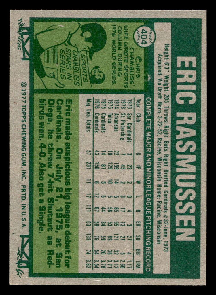 1977 Topps #404 Eric Rasmussen Near Mint RC Rookie  ID: 517410