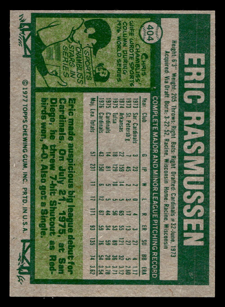 1977 Topps #404 Eric Rasmussen Near Mint RC Rookie  ID: 517411