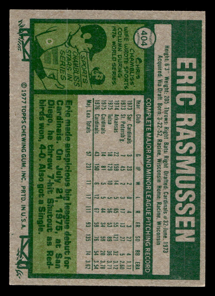 1977 Topps #404 Eric Rasmussen Near Mint RC Rookie  ID: 517412