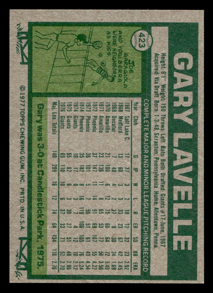1977 Topps #423 Gary Lavelle Near Mint  ID: 517488