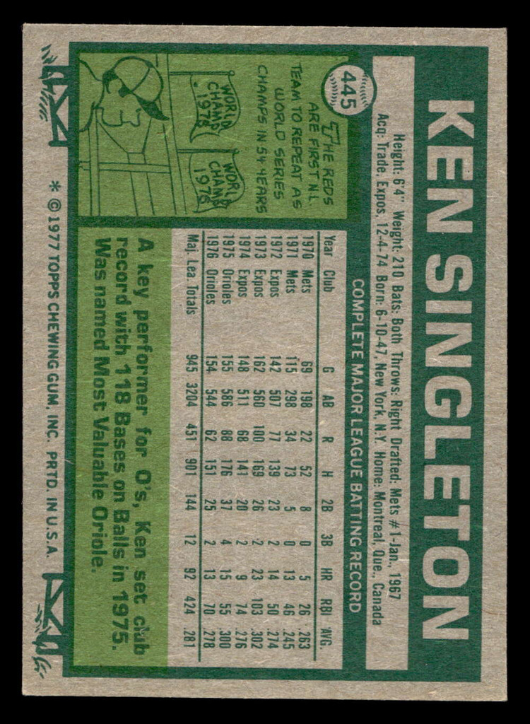 1977 Topps #445 Ken Singleton Ex-Mint 