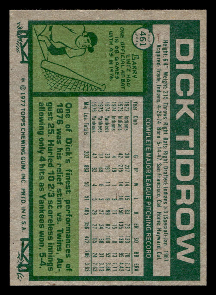 1977 Topps #461 Dick Tidrow Near Mint+ 