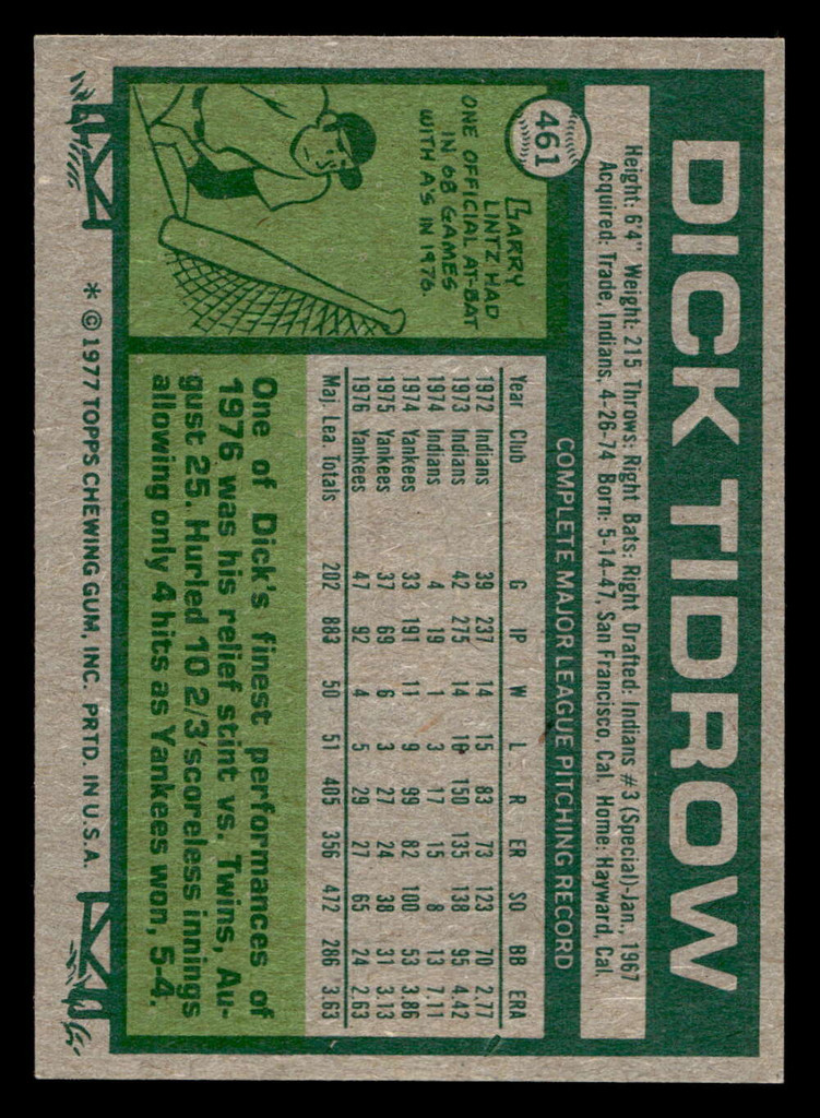1977 Topps #461 Dick Tidrow Near Mint  ID: 517642