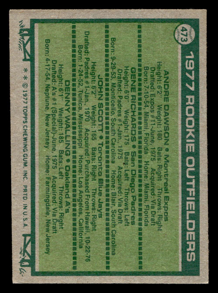 1977 Topps #473 Andre Dawson/Gene Richards/John Scott/Denny Walling Rookie Outfielders Excellent+ RC Rookie  ID: 517694