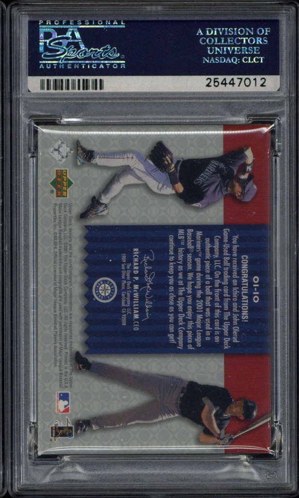 2001 UD Gold Glove Olerud Ichiro Mariners PSA 8 NM-MINT RC Game Used Ball