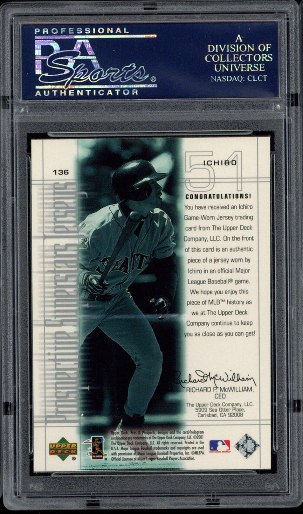2001 UD Pros Prospects #136 Ichiro Mariners PSA 8 NM-MINT RC Jersey GU /500