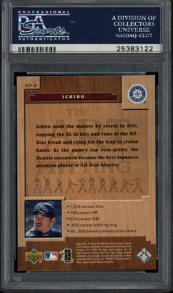 2001 SP Game Bat AH-6 Ichiro Mariners PSA 8 NM-MINT RC Milestone Art of Hitting