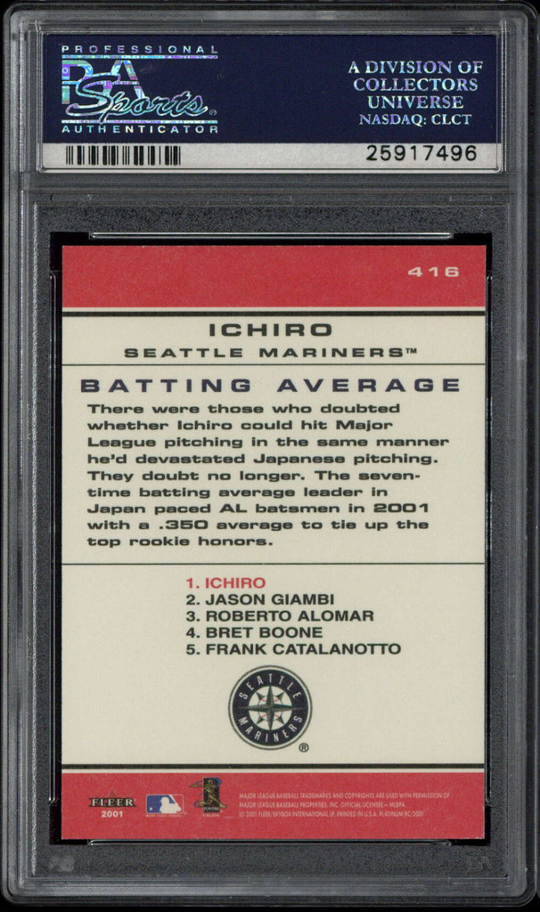 2001 Fleer Platinum #416 Ichiro Mariners PSA 10 GEM MINT RC Chart Toppers