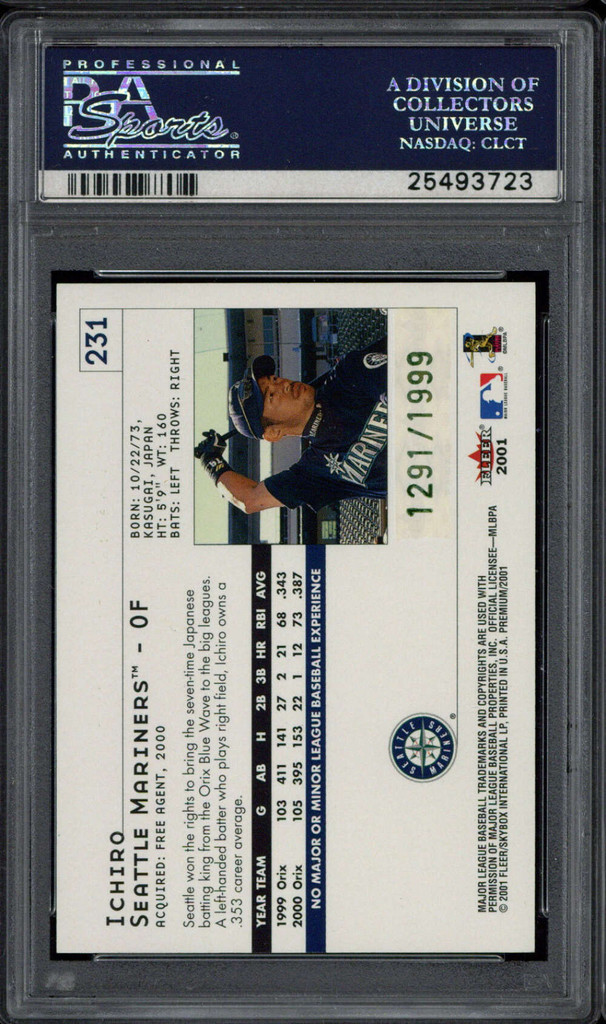 2001 Fleer Premium #231 Ichiro Mariners PSA 8 NM-MINT RC 1291/1999