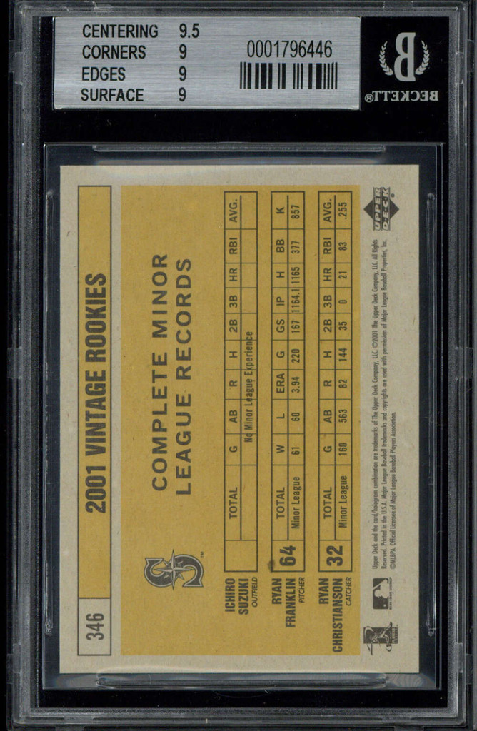 2001 UD Vintage #346 Ichiro Mariners BGS 9 MINT RC ID: 517822
