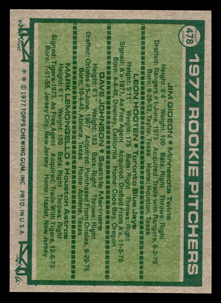 1977 Topps #478 Jim Gideon/Leon Hooten/Dave Johnson/Mark Lemongello Rookie Pitchers Near Mint RC Rookie  ID: 517836