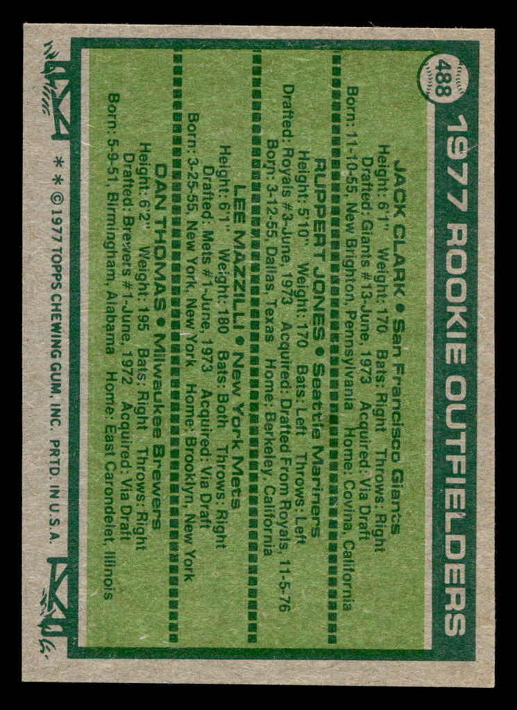 1977 Topps #488 Jack Clark/Ruppert Jones/Lee Mazzilli/Dan Thomas Rookie Outfielders Near Mint RC Rookie  ID: 517876