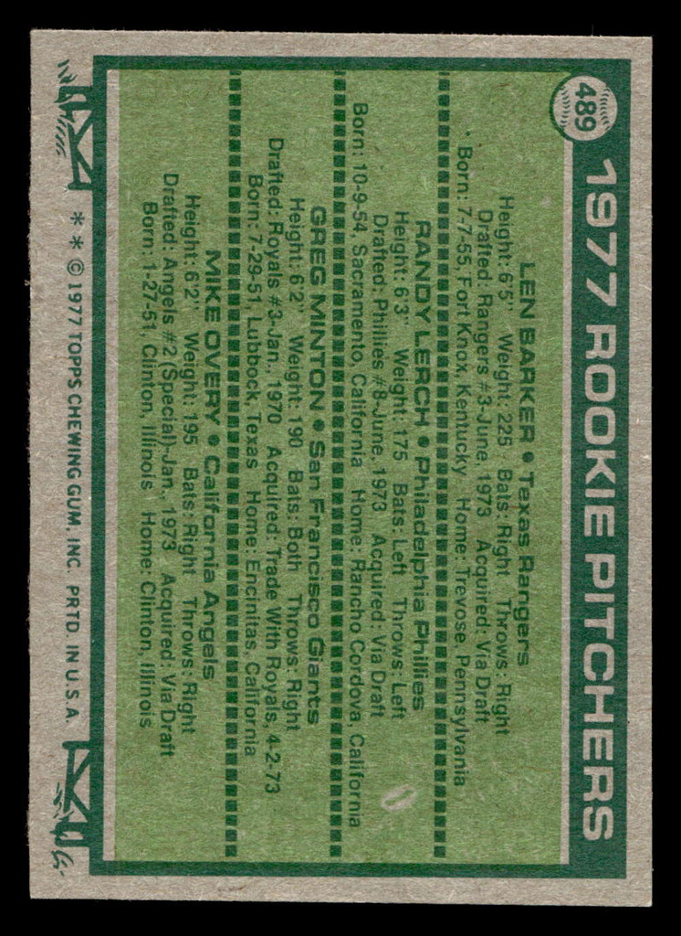 1977 Topps #489 Len Barker/Randy Lerch/Greg Minton/Mike Overy Rookie Pitchers Near Mint RC Rookie  ID: 517880