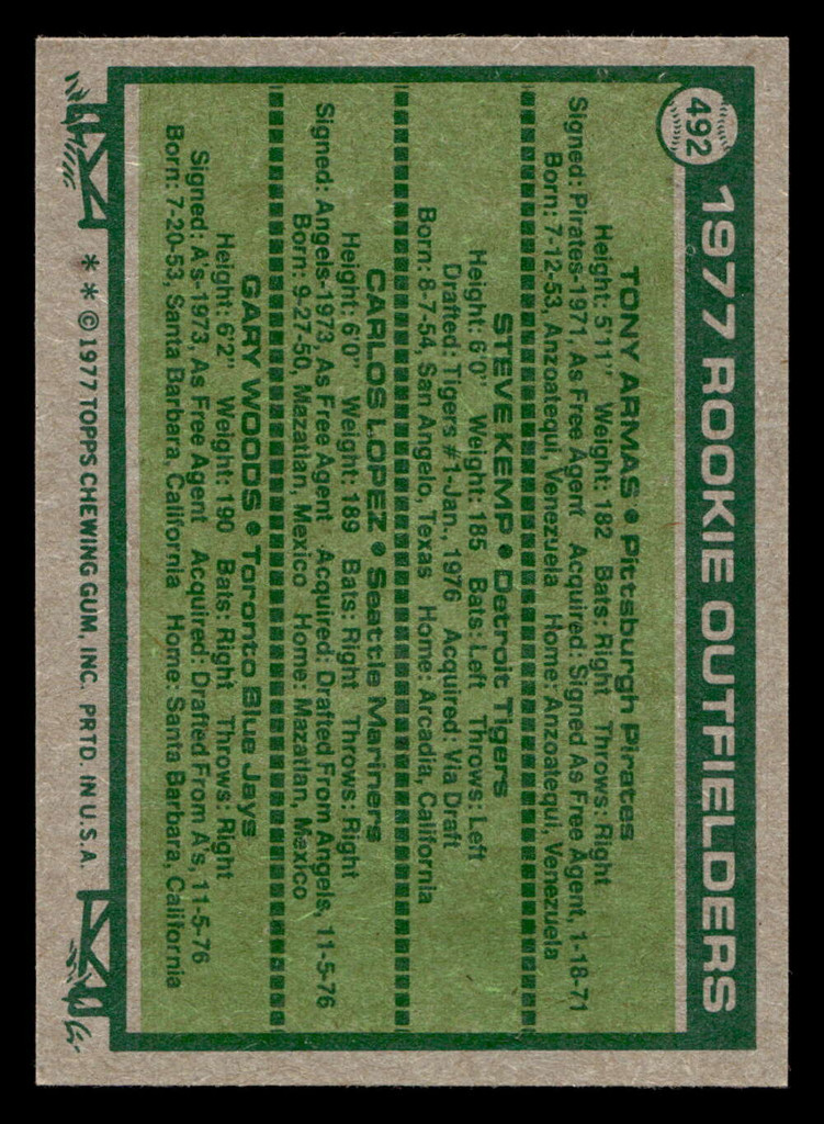 1977 Topps #492 Tony Armas/Steve Kemp/Carlos Lopez/Gary Woods Rookie Outfielders T Near Mint RC Rookie  ID: 517892