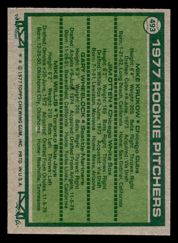 1977 Topps #493 Mike Krukow/Jim Otten/Gary Wheelock/Mike Willis Rookie Pitchers Near Mint RC Rookie  ID: 517895
