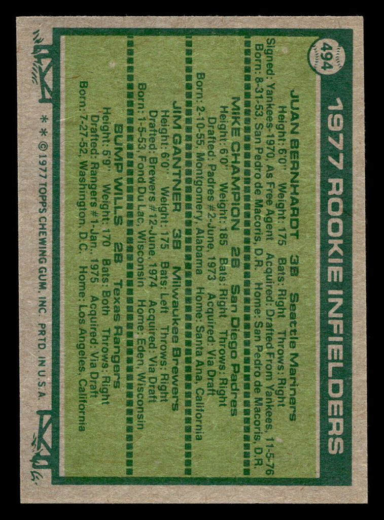 1977 Topps #494 Juan Bernhardt/Mike Champion/Jim Gantner/Bump Wills Rookie Infielders Near Mint RC Rookie  ID: 517902