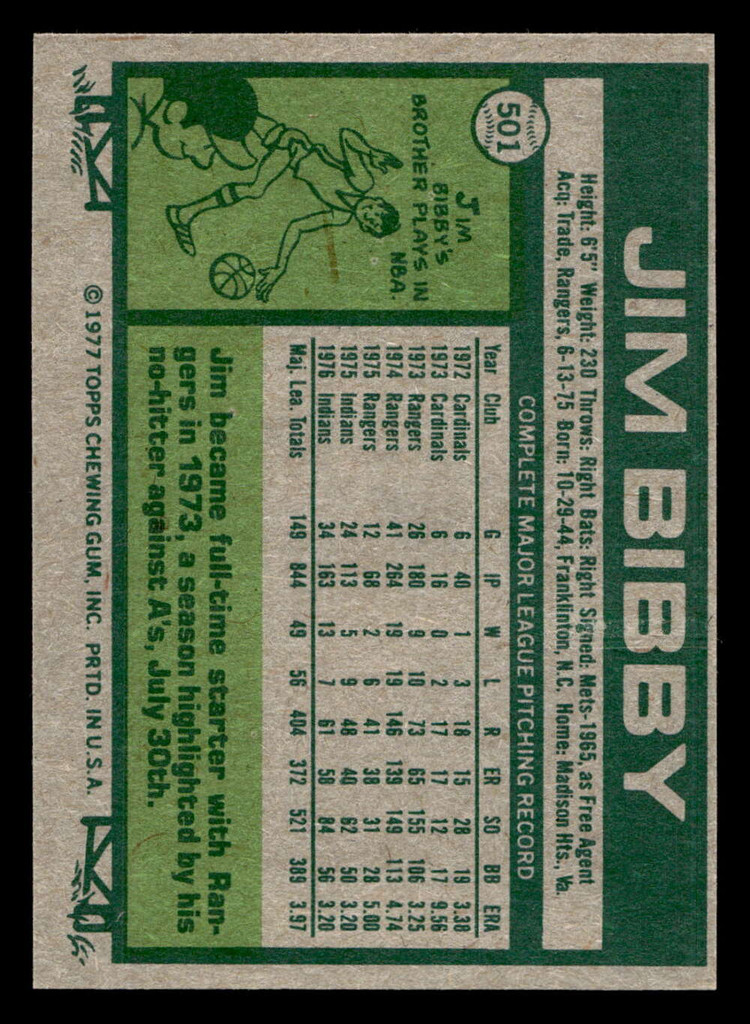 1977 Topps #501 Jim Bibby Near Mint  ID: 517927