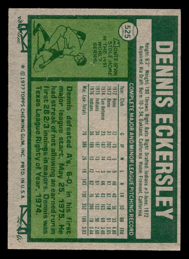 1977 Topps #525 Dennis Eckersley Near Mint  ID: 518015