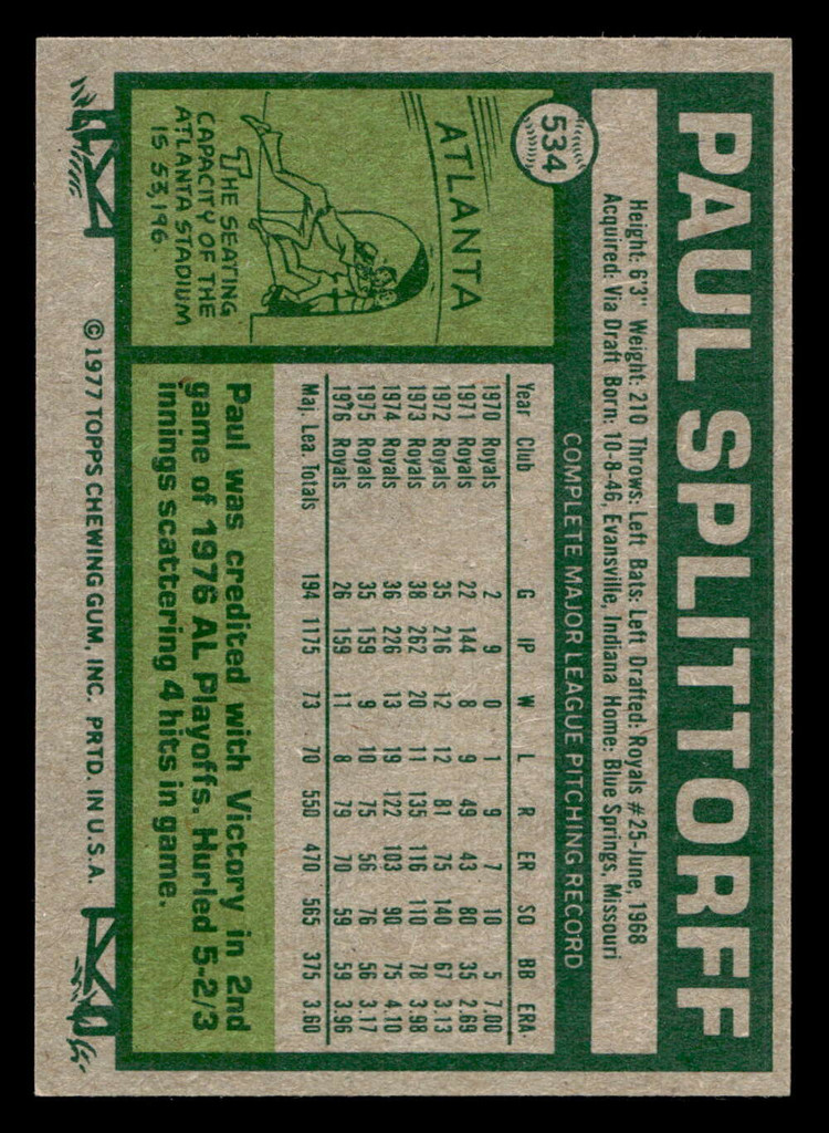 1977 Topps #534 Paul Splittorff Near Mint+  ID: 518049