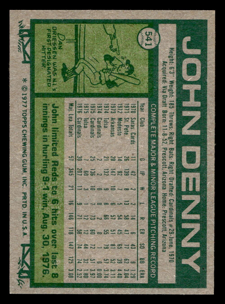 1977 Topps #541 John Denny Near Mint  ID: 518075