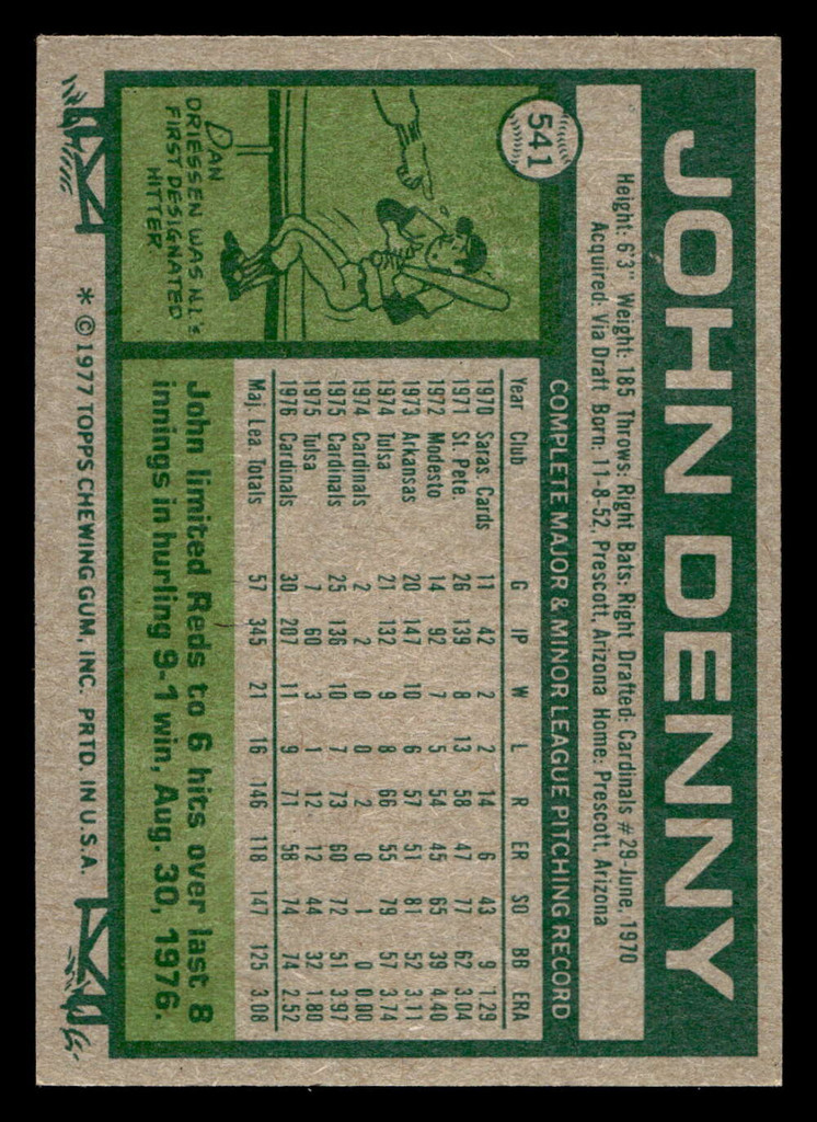 1977 Topps #541 John Denny Ex-Mint  ID: 518076