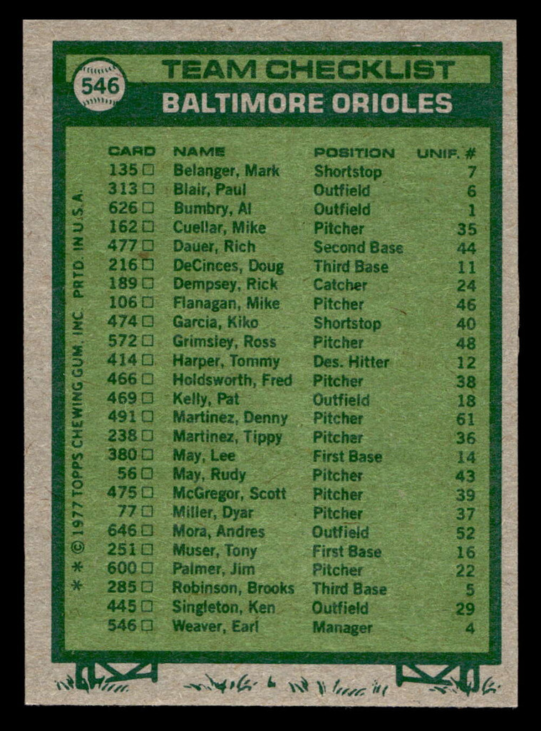 1977 Topps #546 Earl Weaver MG Ex-Mint 