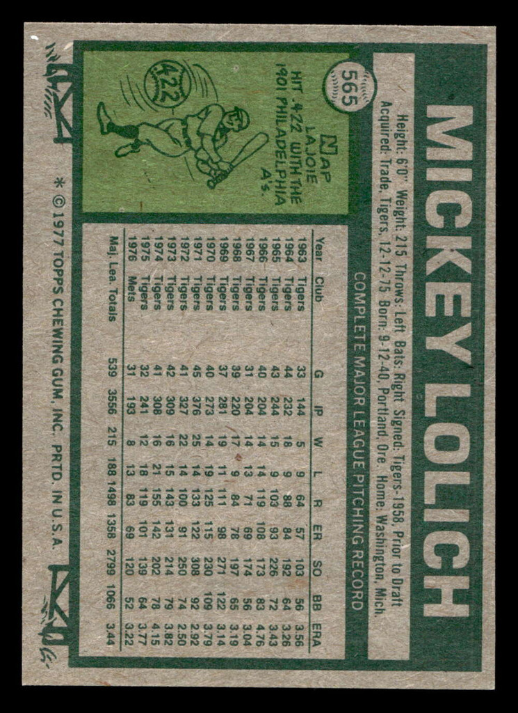 1977 Topps #565 Mickey Lolich Near Mint  ID: 518171