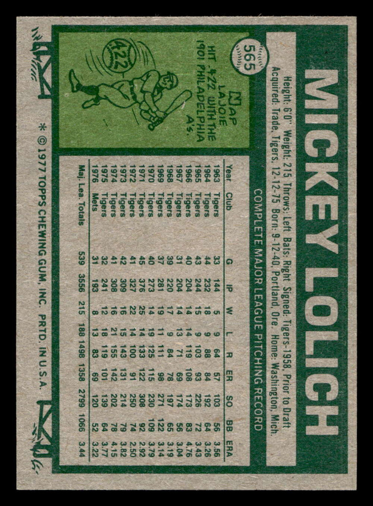 1977 Topps #565 Mickey Lolich Near Mint+  ID: 518172
