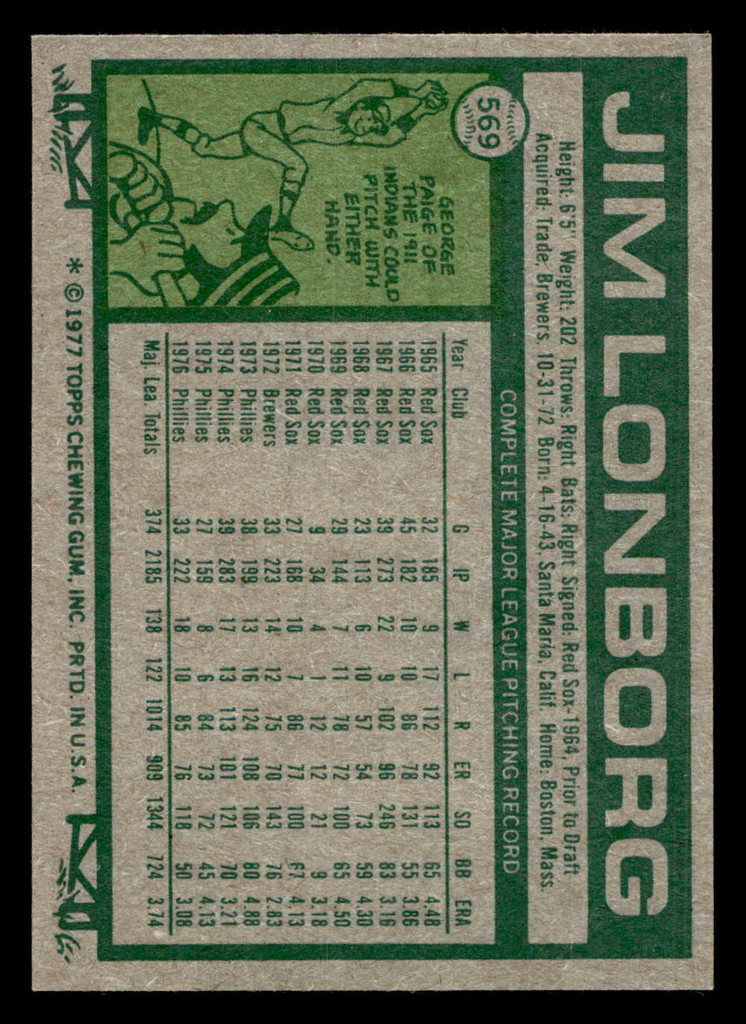 1977 Topps #569 Jim Lonborg Near Mint+  ID: 518187
