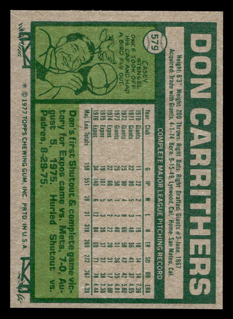 1977 Topps #579 Don Carrithers Near Mint+  ID: 518226