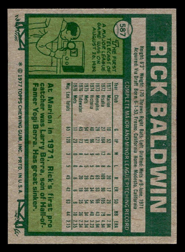 1977 Topps #587 Rick Baldwin Near Mint+  ID: 518255