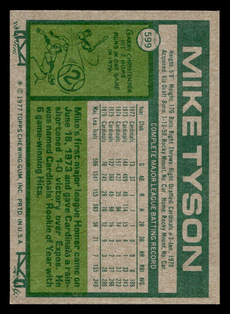 1977 Topps #599 Mike Tyson Near Mint+  ID: 518296