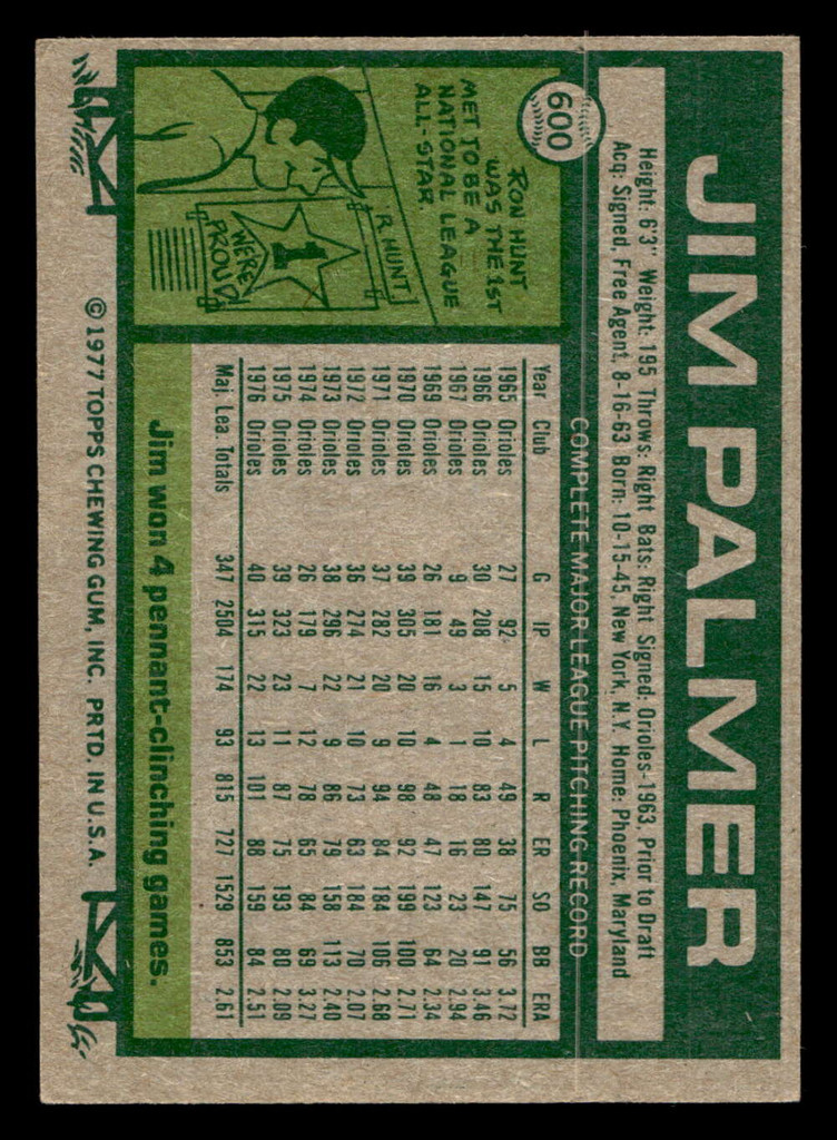 1977 Topps #600 Jim Palmer Ex-Mint  ID: 518300