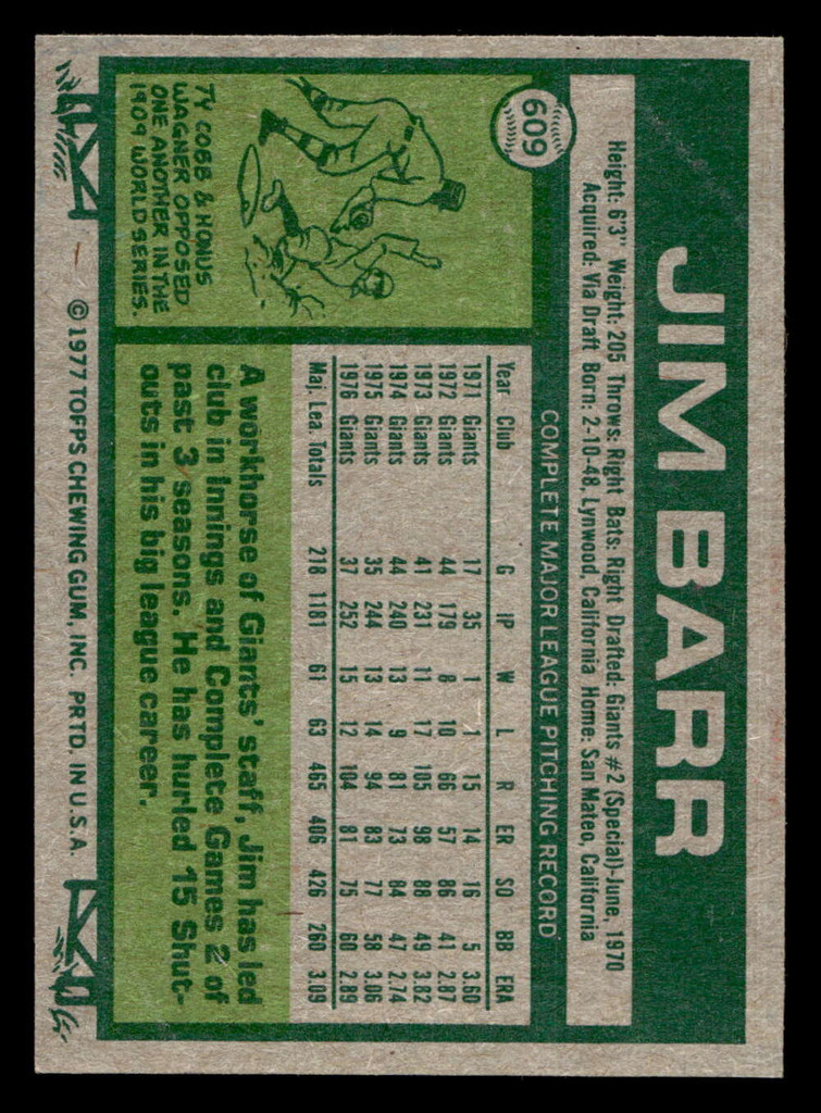1977 Topps #609 Jim Barr Near Mint  ID: 518335