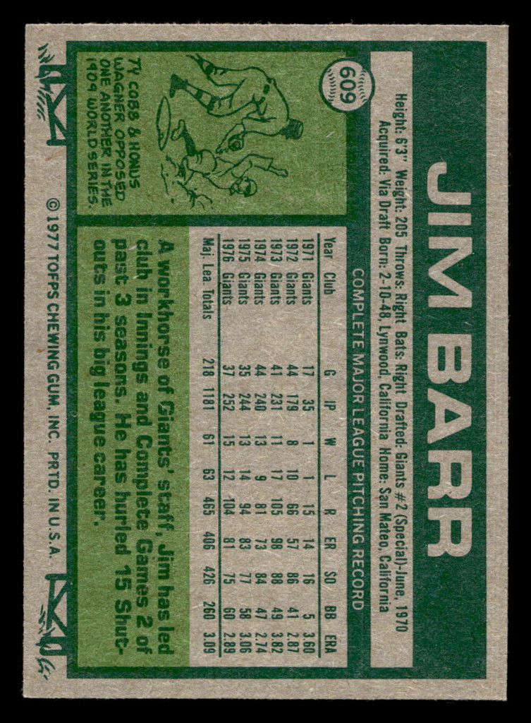 1977 Topps #609 Jim Barr Near Mint  ID: 518337