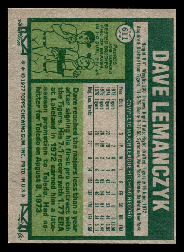 1977 Topps #611 Dave Lemanczyk Near Mint  ID: 518341
